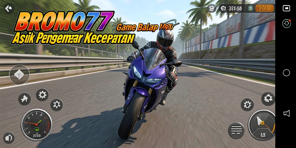 Tampilan action-packed dari permainan balap motor BROMO77.