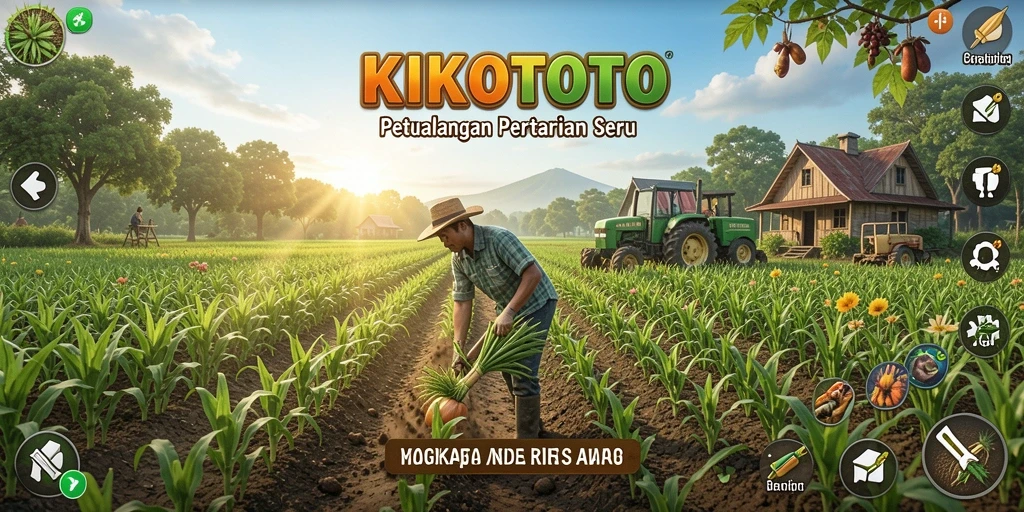 Screenshot gameplay KIKOTOTO menampilkan lahan pertanian yang indah dan karakter yang ceria.