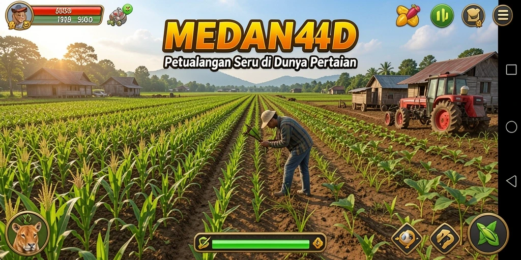 Tangkapan layar gameplay MEDAN4D yang menunjukkan ladang yang subur dan aktivitas pertanian.