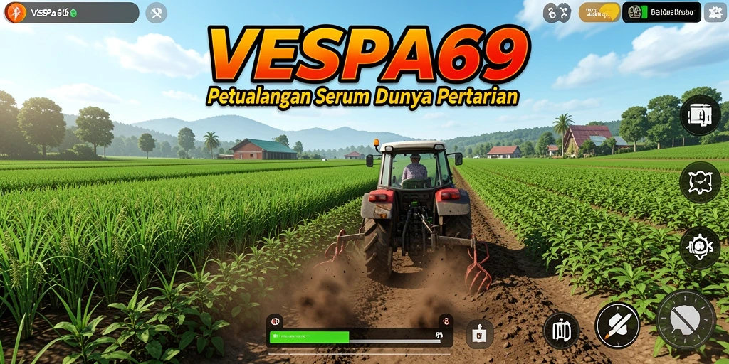 Tangkapan layar gameplay VESPA69 menampilkan ladang yang subur dan aktivitas petani.